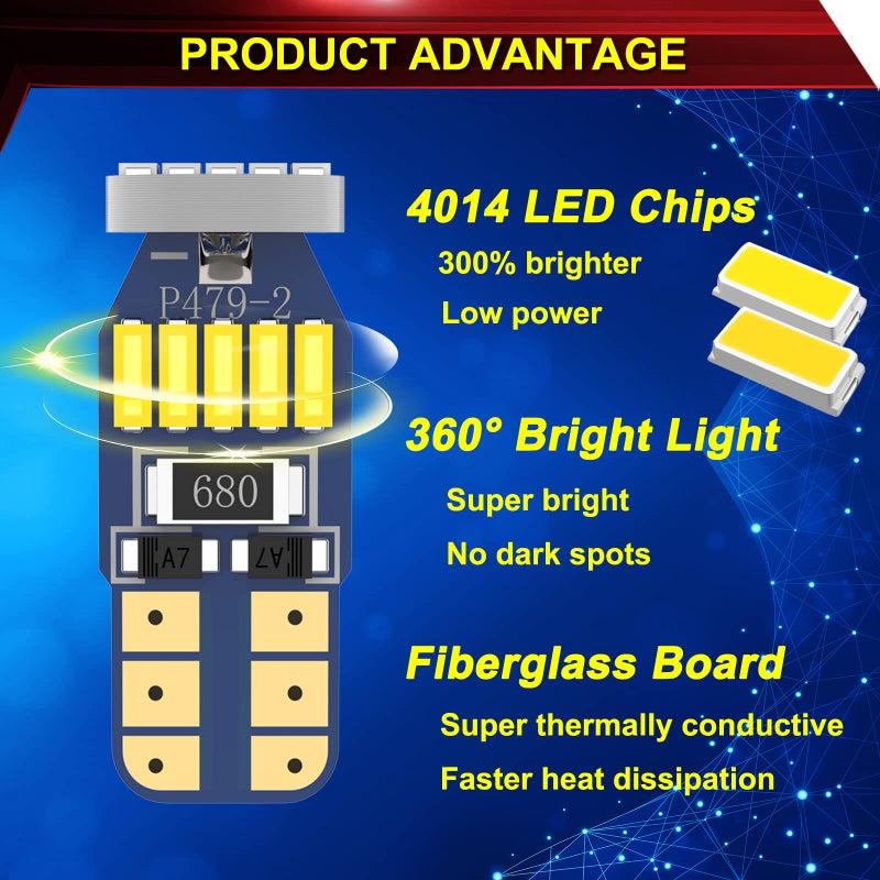 XINYANG 10Pcs 194 LED Car Bulbs, Canbus No Error T10 168 LED Light Bulbs, 15smd 4014 chipset 175 2825 Non-polarity LED Lights for Car Interior Dome Map Door Courtesy License Plate, 6000K White - Image 4